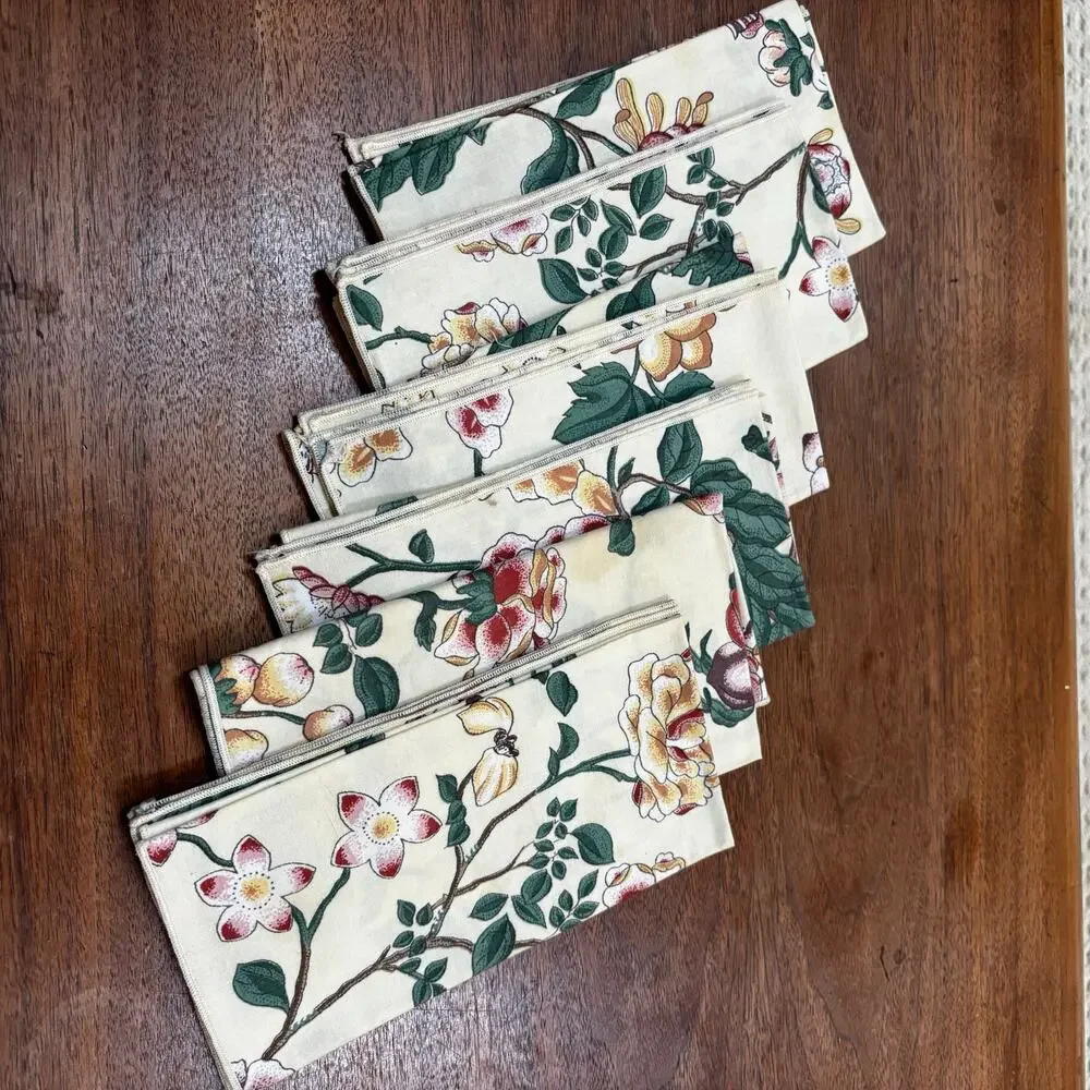 Cloth napkins set of 6 Jacobean style floral print on pale yellow cotton squares